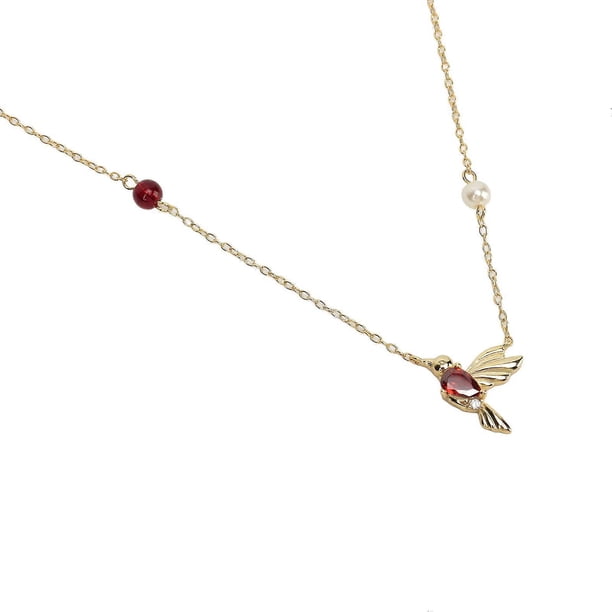 925 Sterling Silver Women's Necklace, Simple Vintage Style, Chalcedony Garnet and Pearl Hummingbird Pendant