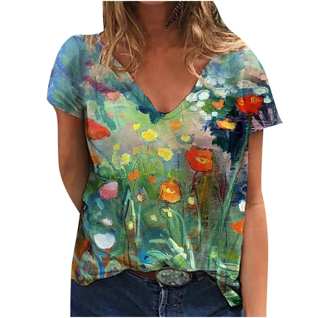 DPTALR T-shirt à Manches Courtes Imprimé à Grand Col en V pour Femmes Haut pour Femmes
