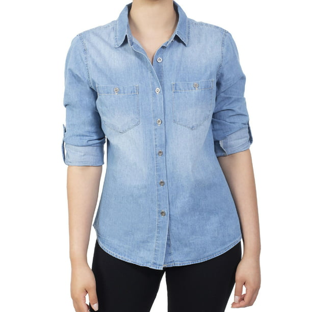 MixMatchy Women's Classic Roll Up Sleeve Button Down Chambray Denim ...