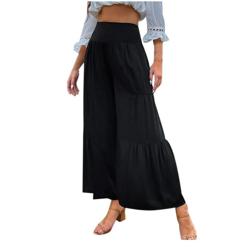 JNGSA Womens Palazzo Long Pants High Waist Wide Leg Stretchy Loose Fit  Casual Trousers Elastic Ruffle Baggy Pants Black 6 
