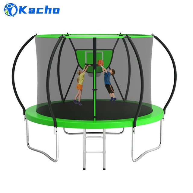 Kacho Trampoline, Trampoline avec Filet de Sécurité 10 Pieds 1000LBS Trampoline pour 1-2 Enfants, Trampoline avec Panier de Basket et Échelle, Ballon, Trampoline Extérieur Récréatif Robuste, Vert