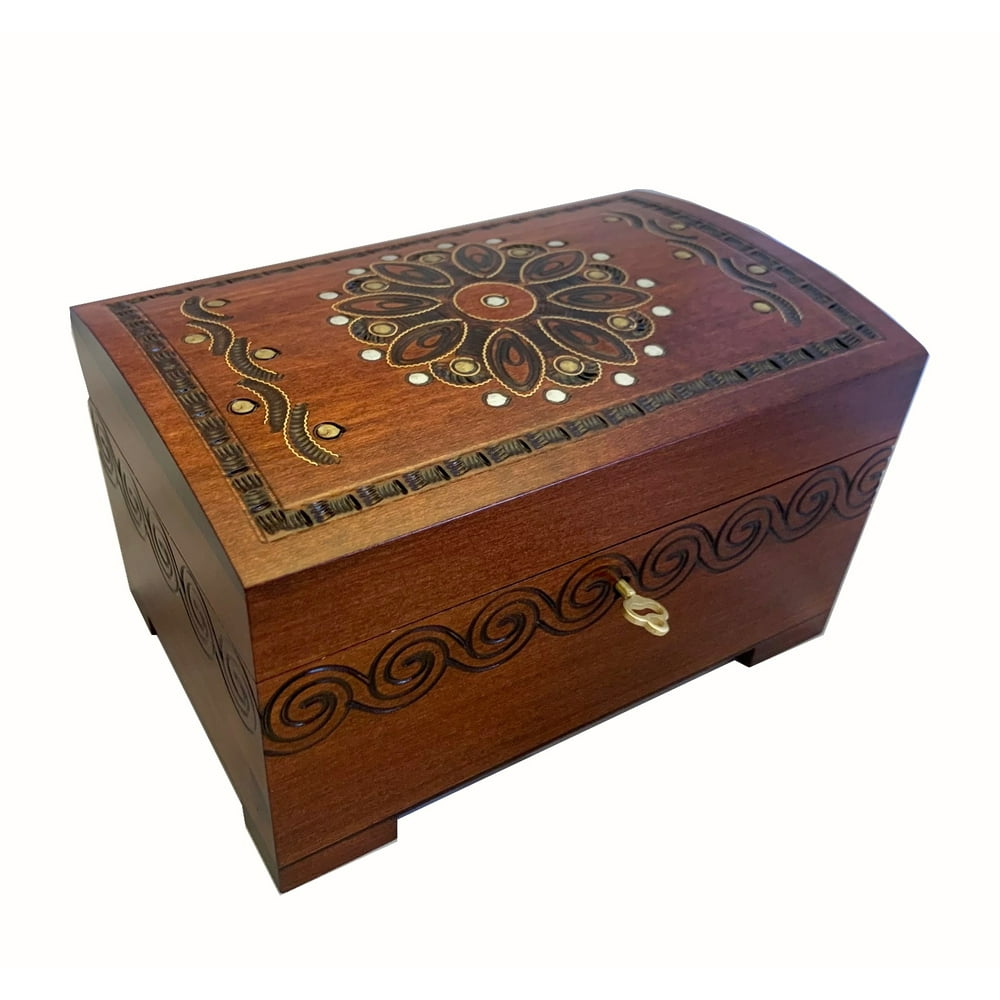 Polish Art Center Large Wooden Floral Chest Box w/ Lock and Key