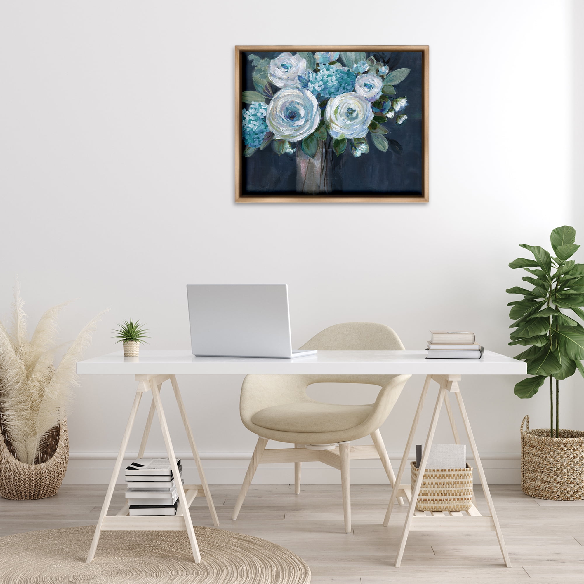 Stupell Industries Blue Mixed Bouquet Plants & Flowers Painting Brown Floater Framed Canvas Art Print Wall Art, 31 x 25