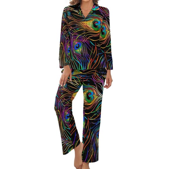 Peacock Women's Long Sleeve Flannel Pajama Set Sleepwear L