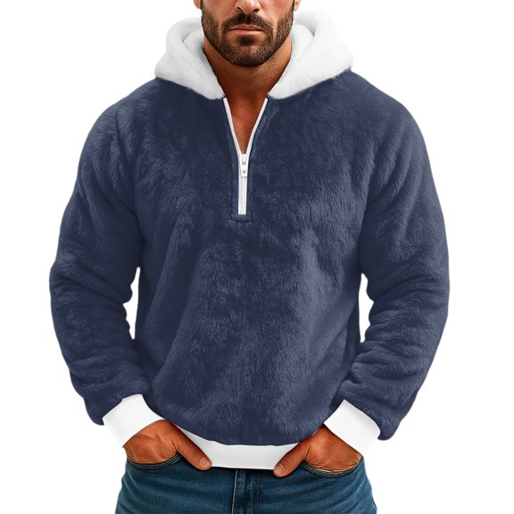 Havenx Mens Hoodie for Christmas 1/4 Zipper Fuzzy Flannel Long Sleeve Sweatshirt Big and Tall Soild Color Santa Humor Hoodies Fleece Zipper Xmas Pullover Tops,Navy 2XL