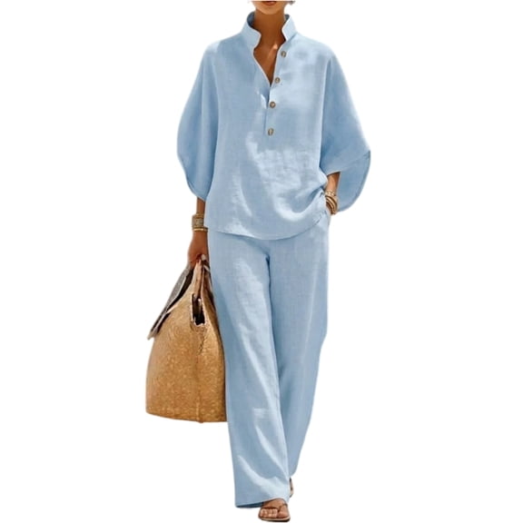 Textilo Women's Cotton Linen 2 Piece Sets Batwing Sleeve Shirts and Wide Leg Pants Button V Neck Sets 2026 Boho Casual Summer Travel Vacation Trendy Outfits Tracksuit,Light Blue L