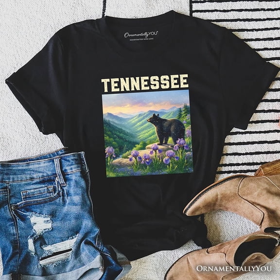 Scenic Tennessee State Great Smoky Mountains T-Shirt, Black Bear and Wildflower Nature Tee and Travel Souvenir