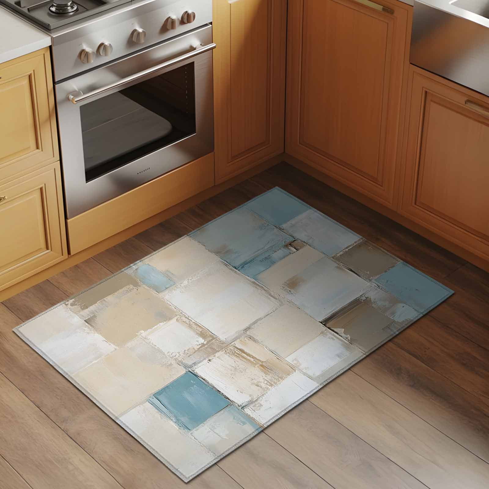 Blue Beige Bathroom Mat 2x3 FT, Non Slip Small Kitchen Mat, Modern Abstract Color Blocks Washable Soft Backed Front Door Throw Rug Non-Shedding Indoor Outdoor Doormat for Entryway Sink