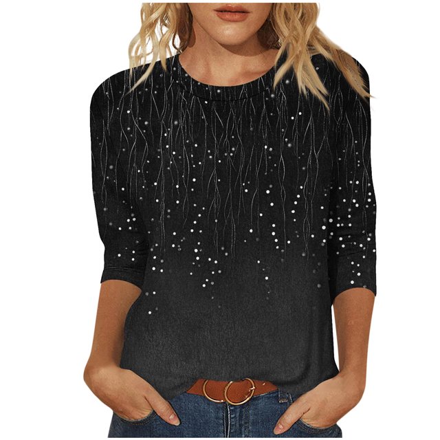 Staron Clearance Womens Loose Summer Tops Crew Neck 3/4 Sleeve Tunic Basic Tees Floral Print Blouses Spring Summer Tops