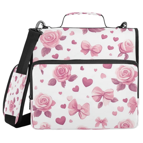 Water-Resistant 3-Ring Binder Organizer with Multiple Pockets Zipper Binder Bag for Office Pink Roses and Bows