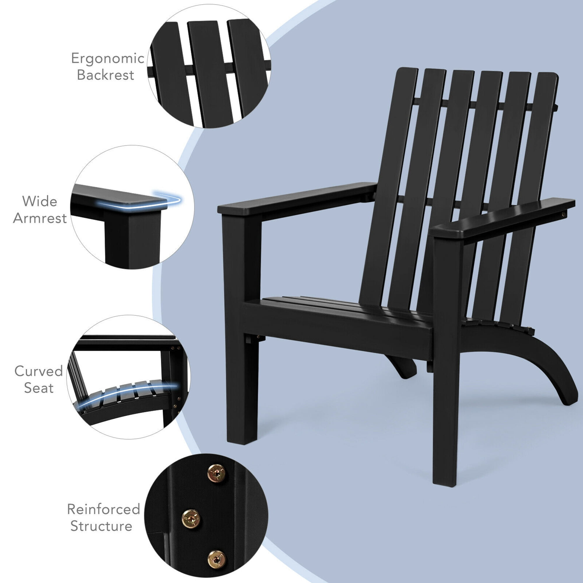 Gymax Set of 2 Outdoor Wooden Adirondack Chair Patio Lounge Chair w/ Armrest Black