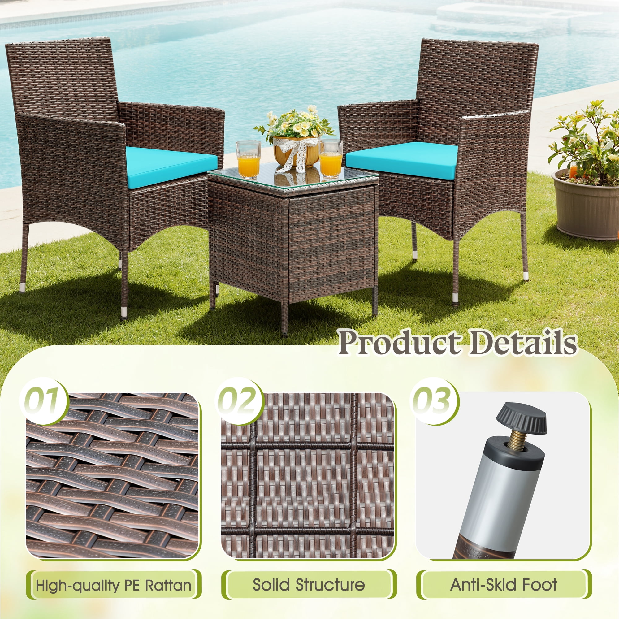 Lacoo 3 Pieces Outdoor Patio Furniture Gray PE Rattan Wicker Table and Chairs Sets Bar Set with Cushioned Tempered Glass , Brown / Blue