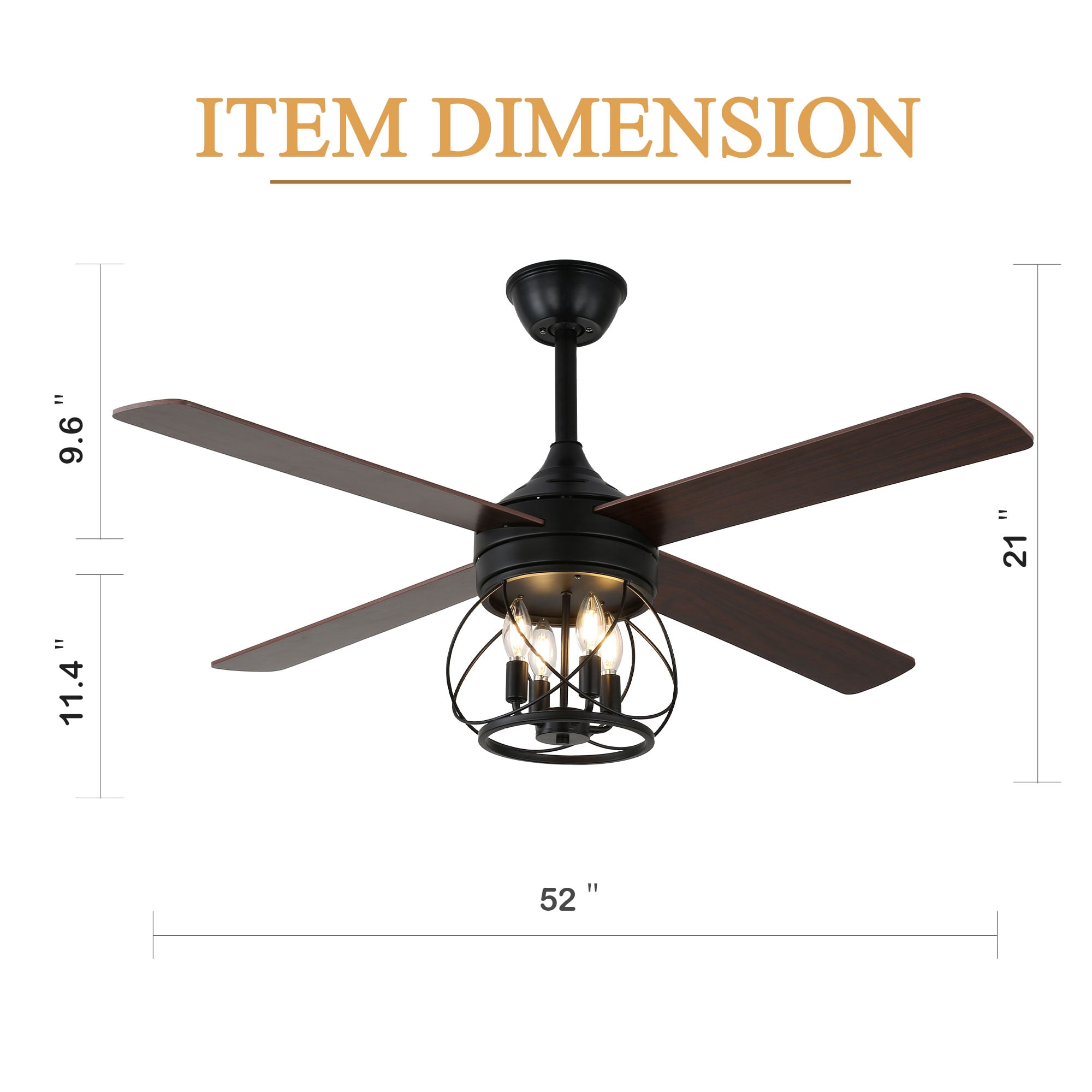 Cusp Barn 52 inch Rustic Farmhouse Caged Ceiling Fan with Remote Control, 6 Speeds Modern Black Ceiling Fan with Lights
