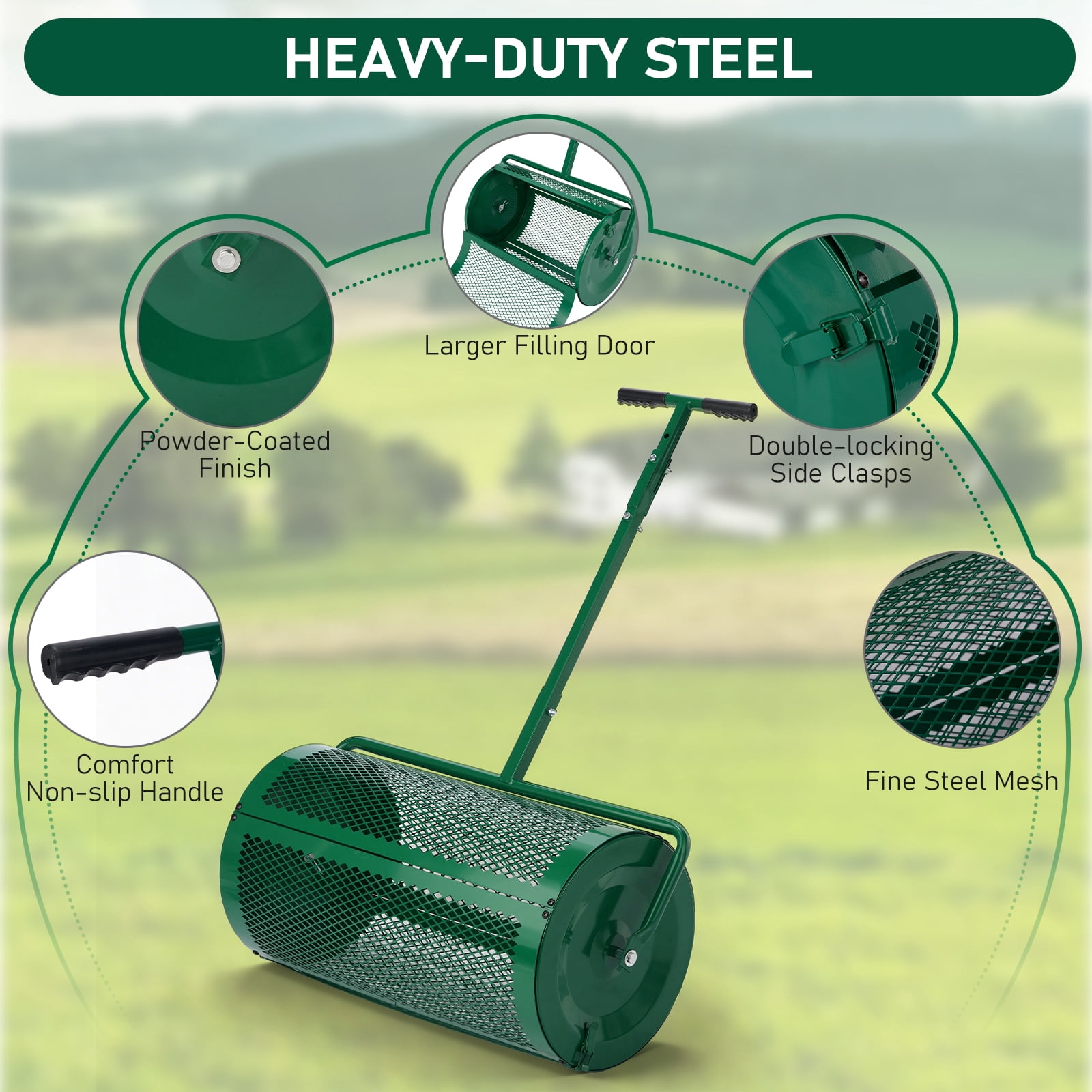 Ktaxon 30" Compost Spreader with Adjustable Handle, Green Steel Mesh Basket for Peat Moss & Manure