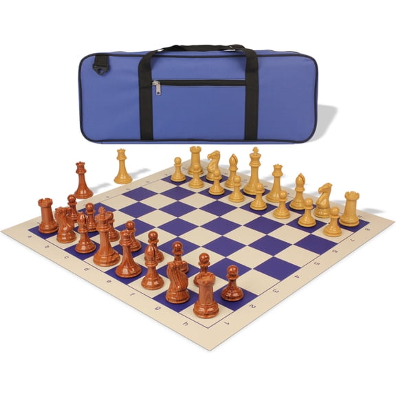 Professional Deluxe Carry-All Plastic Chess Set Wood Grain Pieces with Vinyl Roll-up Board & Bag - Blue