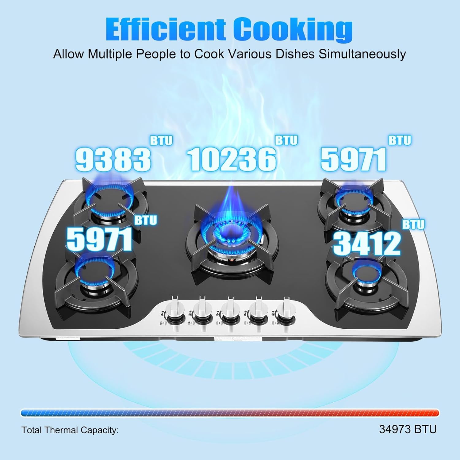 Gas Cooktop 36'' Gas Stove Top with 5 Burners, Built-In Gas Hob Suitable for Dual Fuel LPG/NG, Tempered Glass Stovetop Cooker for for Kitchen, Home, Apartments, RVs, Easy To Clean