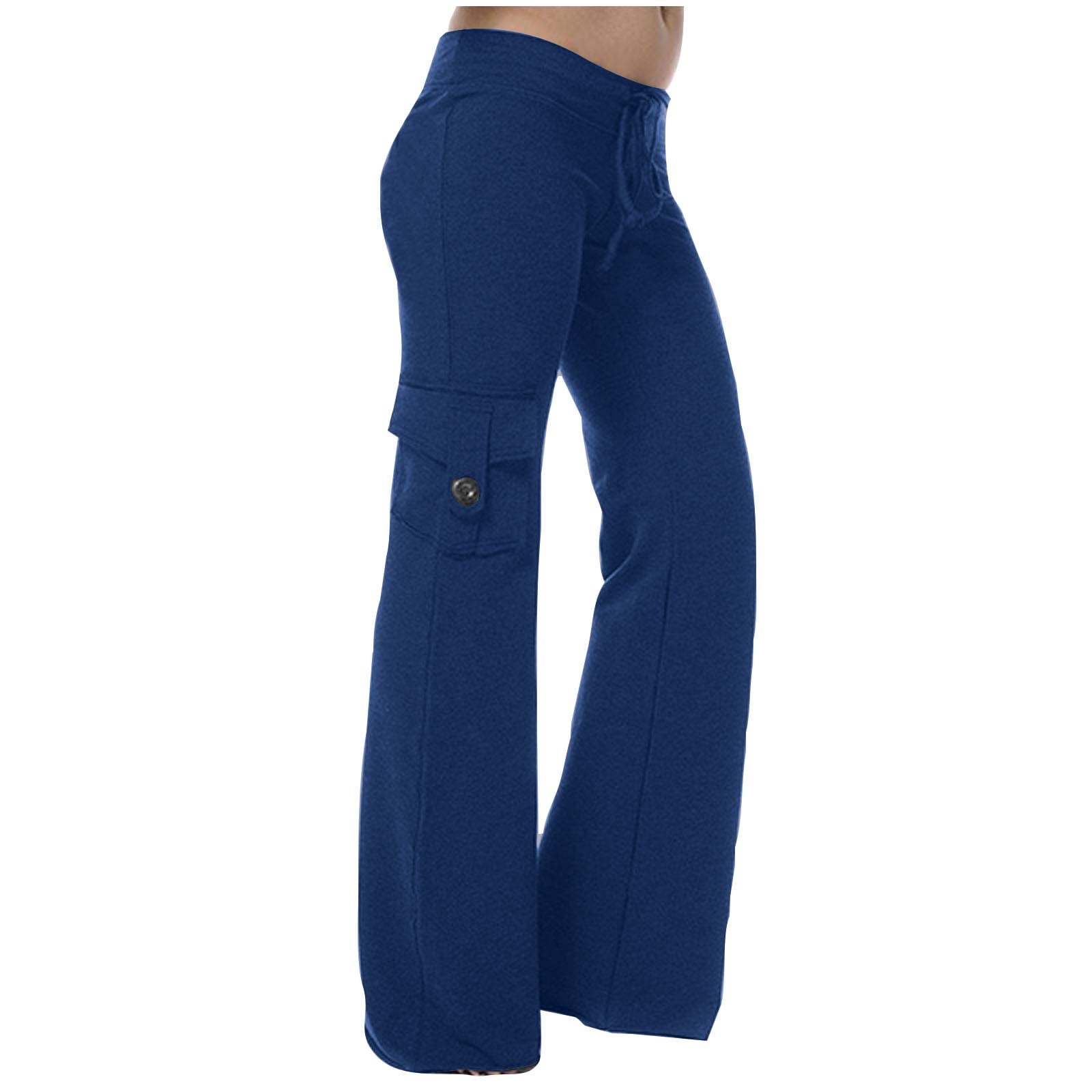 pstuiky Wide Leg Cargo Pants for Women,Women High Rise Yoga Leggings with  Pockets Cargo Yoga Pants for Women Plus Size Drawstring Straight Leg Pants  Blue #4 XXL 