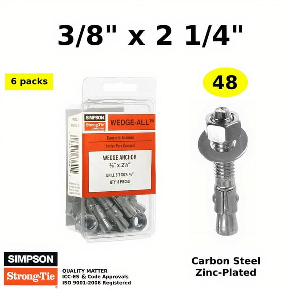 (QTY 48)  3/8" x 2 1/4" Concrete Wedge Anchors Bolts Masonry Expansion Anchor Zinc Plated 6/Pack