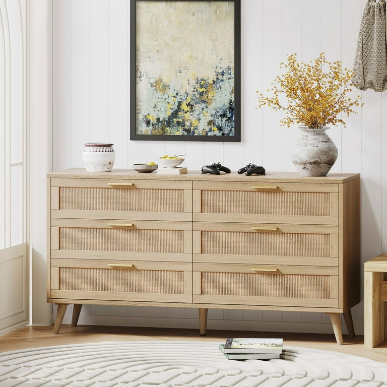 Rovaurx 6 Drawer Double Dresser Chest, Rattan Bedroom Table Rovaurx 6 Drawer Double Dresser Chest, Rattan Bedroom Table