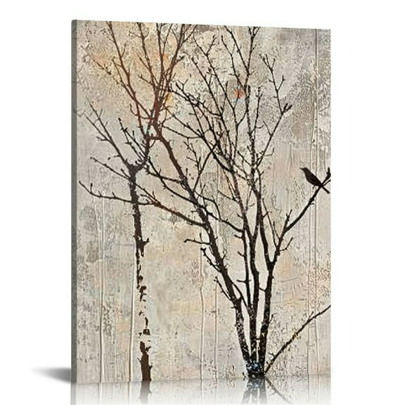 Creowell  Rustic Tree Branches Canvas Wall Art Vintage Beige Brown Tree Painting Picture Vertical Artwork for Farmhouse Bedroom Bathroom Decorations 16x20 in/12x16 in