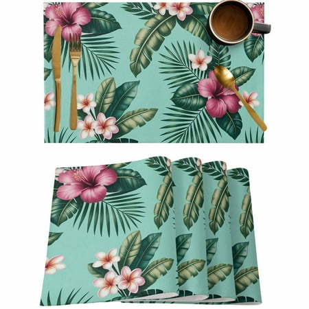

Tropical Summer Watercolor Hibiscus Flower Placemats Set of 4 Wipeable Washable Table Mats for Dining Tables Plant Green Leaves Place Mats for Kitchen Event Party Tabletop Decor