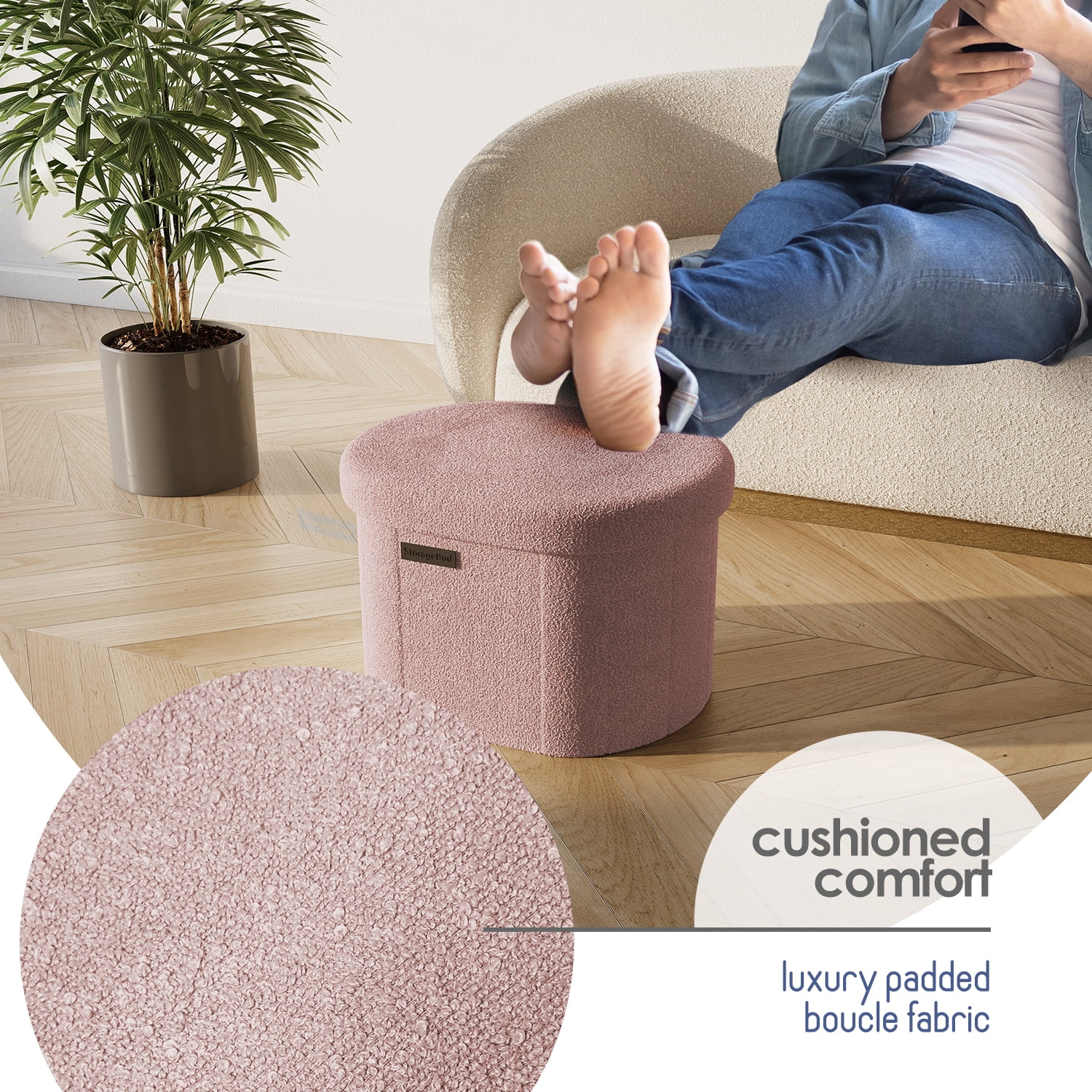 Hearth & Harbor Oval Storage Ottoman Bench, Boucle 16" Ottoman with Storage , Pink