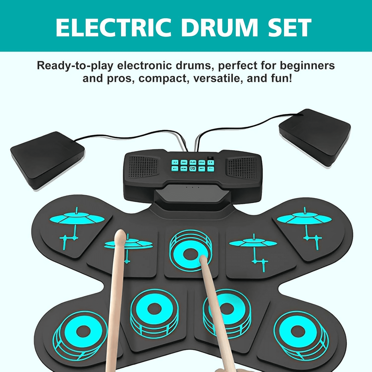 Electronic Drum Set Portable, 9-Pad Digital Drum Kit with Headphone Jack, Perfect for Kids & Beginners, Home Practice Drum Set with Pedal, Battery Powered for Easy Setup
