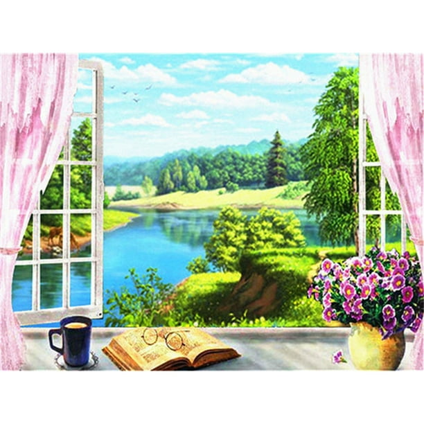 Taladro de pintura de diamante (DB6351) Cuadro de mosaico de cuentas de bricolaje completo (ZQR156 Window River) 50x70cm FLhrweasw Nuevo