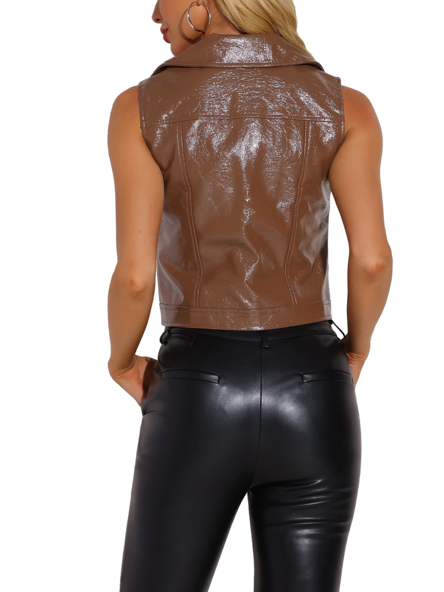INSPIRE CHIC Women's Metallic Faux Leather Lapel Collar Sleeveless Zip Cropped Vest XS Coffee Brown