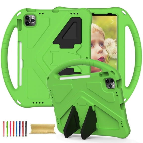 Kids Case for iPad Air 11 / Air 5/ Air 4 /iPad Pro 11 2024/2022 /2021/2020 /2018 Gen,Built-in Kickstand, Rugged Durable Shockproof Lightweight Handle Protective Silicone Hard PC Protection Case, Green