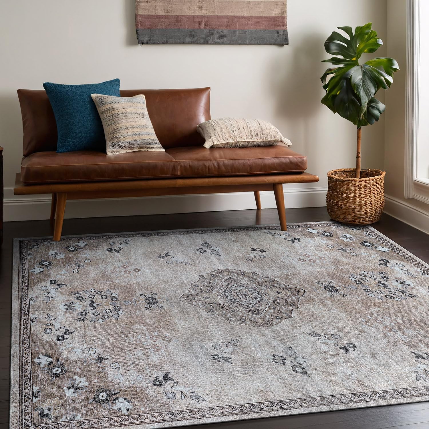 Beverly Rug Machine Washable Easy Cleaning Indoor Non-Slip Rugs Beige / Brown 4'x6'