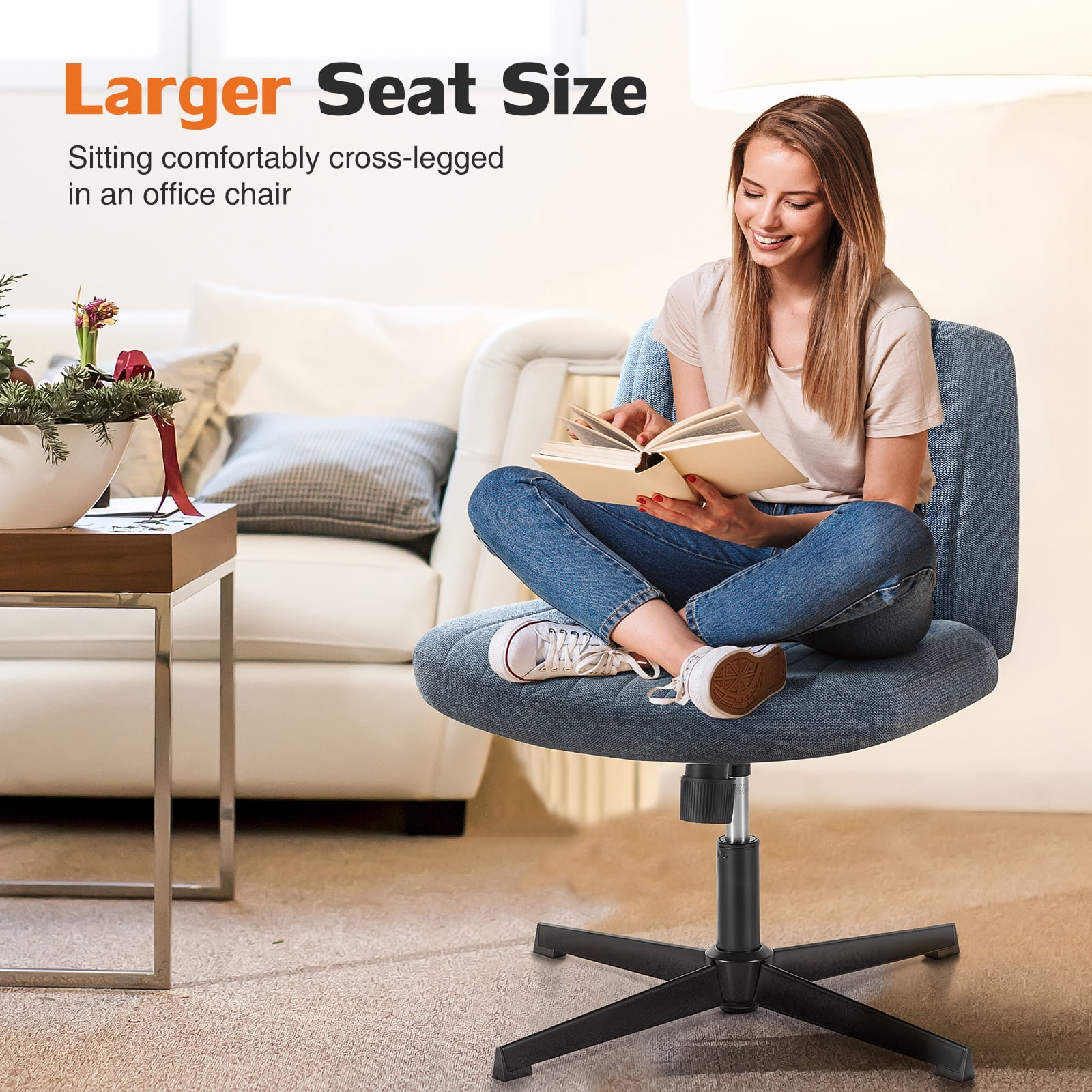 MAYEERTY Wide Desk Chair ，No Wheels Cross Legged Office Chair Armless Office Chair，Blue