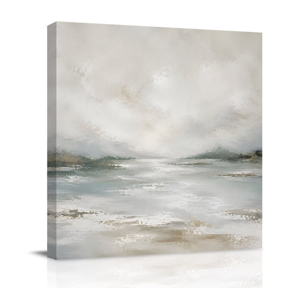 Canvas Wall Art, Grey Brown Coastal Beach Framed Canvas Prints for Bathroom Kitchen, Abstract Oil Painting Nautical Gallery Wrapped Wall Decor for Home Office, Gifts, 10"x10" Ship Next Day