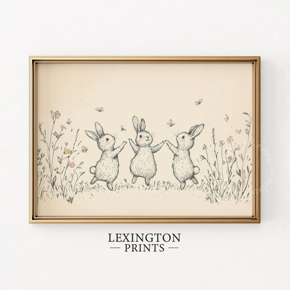 Vintage Bunny Print, Nursery Wall Art, Bunny Wall Art Baby Bunny Decor, Beige Nursery Decor Bunny Sketch Baby Room Art Floral 1064 ,Decor For Living Room Bedroom, 8x12 UNFRAMED