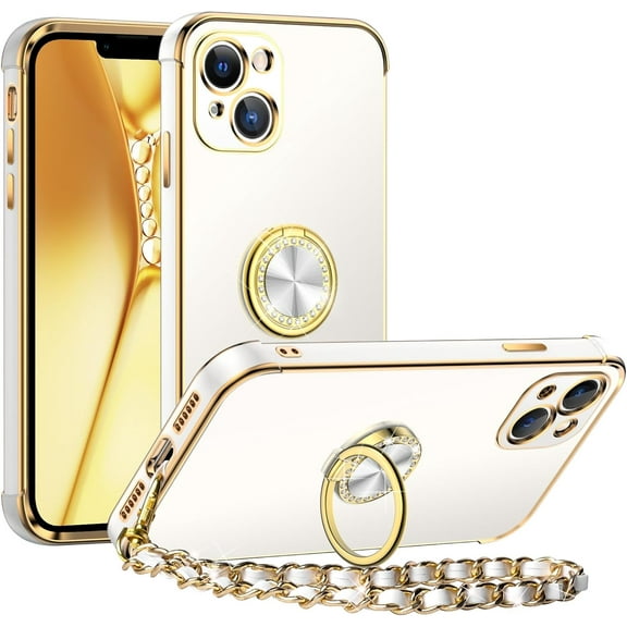 ZUKKASHAN for iPhone 14 Case, Ring Holder Stand Luxury Bling Electroplated Phone Case with Strap, Cute Soft TPU for iPhone 14 Cover for Women Girls