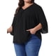 thumbnail image 4 of Blusa de gasa de mujer plus size Agnes Orinda, con cuello en V, manga 3/4, estilo casual de verano, talla 2X, completamente negra, 4 of 6