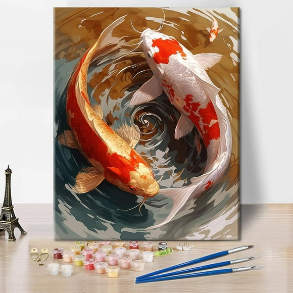 shiyou-Lucky Koi Fish Paint by Numbers, White and Red Koi Paint by Numbers Kit for Adults, Fish DIY Canvas Oil Painting Paint by Number for Adults Beginners Enthusiasts 16x20inch Frameless