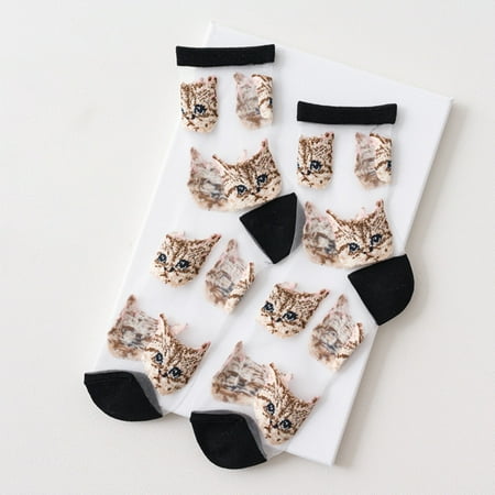 

Women Summer Ultra Thin Cute Ankle Socks Transparent Glass Fiber Splice Cartoon Meow for Cat Print See Through Tube Hosi