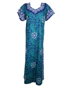 Mogul Women Maxi Cotton Kaftan Dress Short Sleeves Batik Print Front Zip Nightwear Cover Up Sleepwear Housedress Caftan L