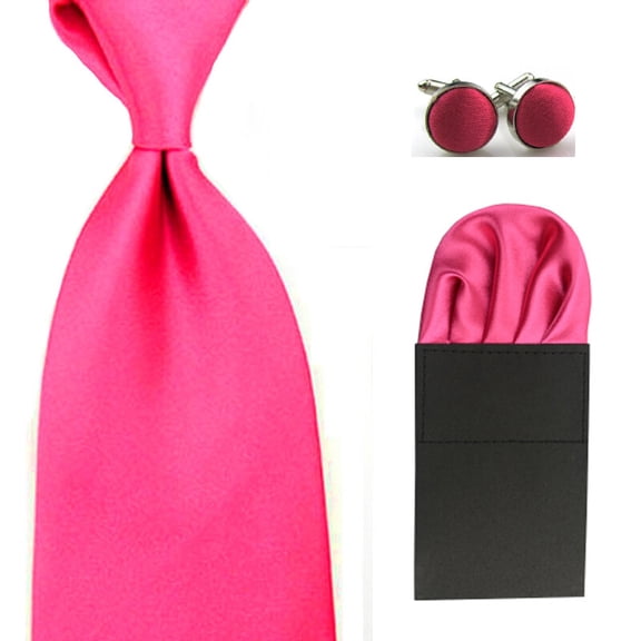 Men's Satin Solid 8cm Wide Necktie Handkerchief Pocket Square Cufflinks Set