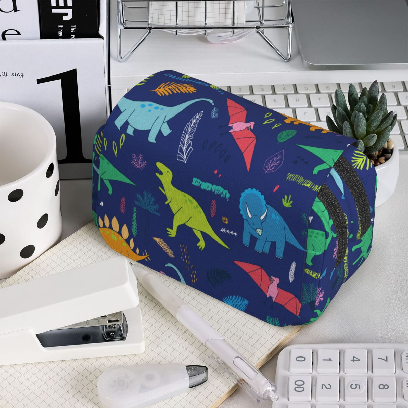 Rateoe Dinosaurs Pattern Double Clamshell Pen Case, Storage Organizer with Two Zipper Compartments– Holds Up to 50 Pencils & Pens