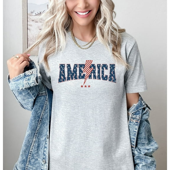Moonlight Apparel America Graphic T-Shirt for Women Patriotic Tee Short Sleeve USA Flag Shirt Bolt Star Print Casual Red White Blue Top for Independence Day Summer