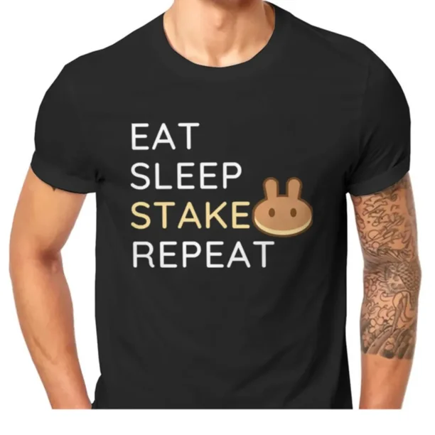 Camiseta de mineros de criptomonedas Pancakeswap Cake para hombre, elegante camiseta de algodón con texto "Eat Stake Repeat", regalos, ropa para exteriores, talla grande