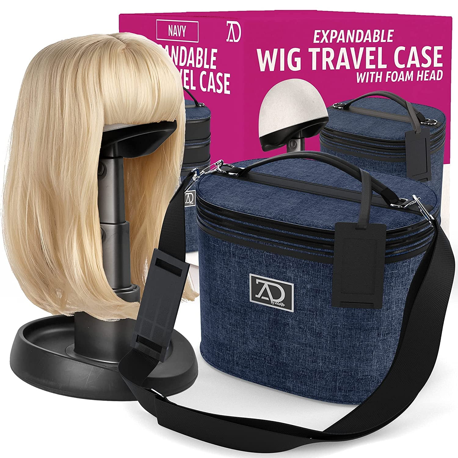 8"-12" Wig Travel Case -High Wig Box with Collapsible Wig Stand - Dome Foam Wig Head Stand in Zipper Carrying Case w/Handle for Safe Traveling Storage of Wigs, Lace Front Cap, Toupee (Denim Navy)
