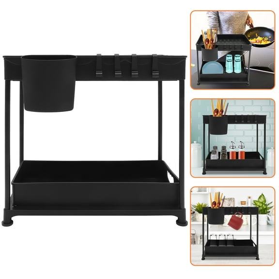 MLINS  Kitchen Cabinet Storage Rack under Sink Pull-out Drawer Basket Organizer Drawers Water Trough Black