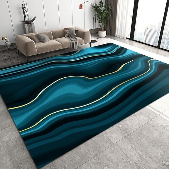 Blue Gold Marble Texture Area Rug, Modern Abstract Stripes Gradient Carpet For Living Room, Washable Rugs Durable Comfortable Non-Slip For Living Room Bedroom Hallway Decor 5x7ft