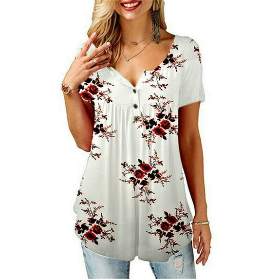 Qiylii Womens Loose T shirt Short Sleeve Floral Print V-Neck T-Shirt Tops Blouse S-XXL
