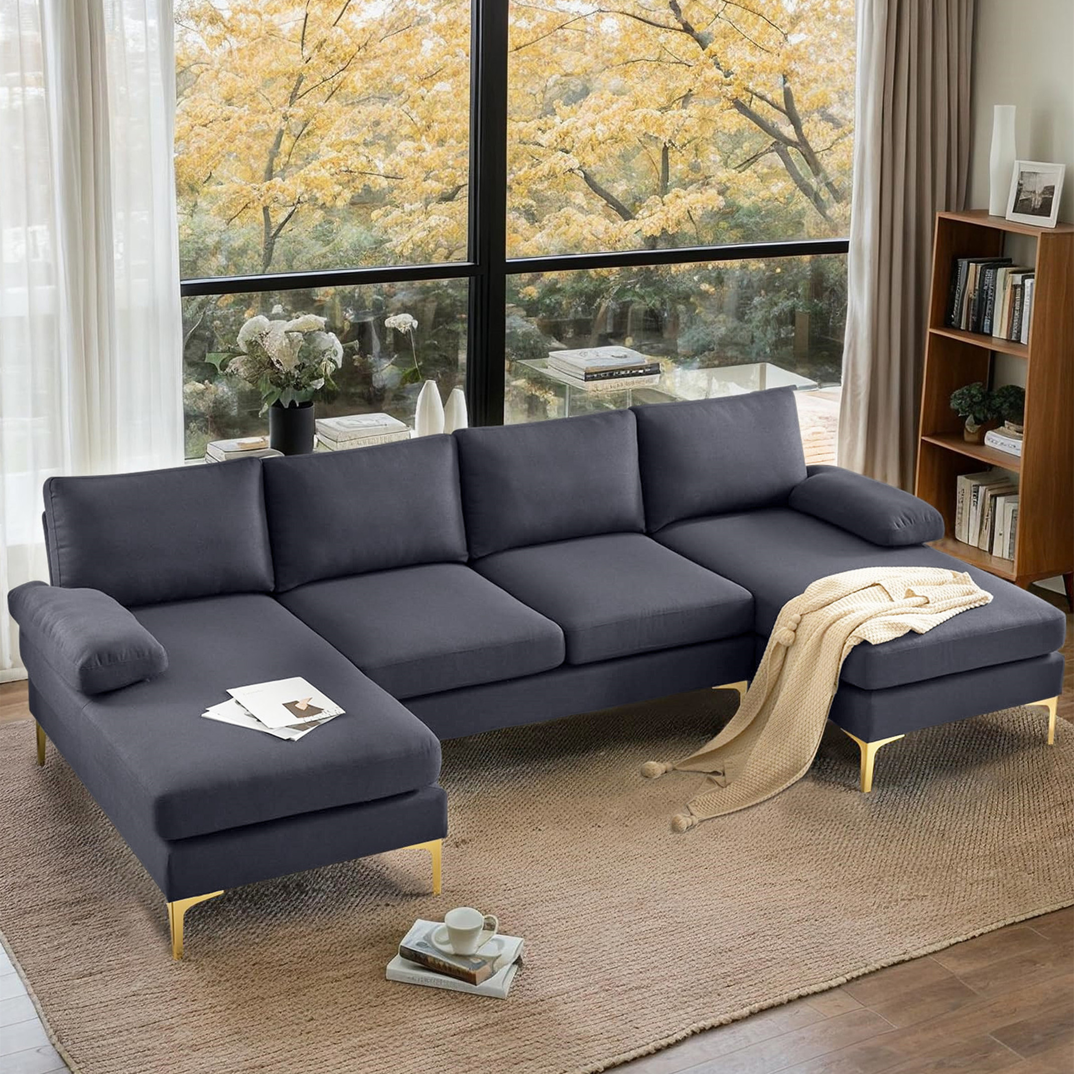 Aukfa U-Shape Sectional Sofa for Living Room, Deep Seat Sleeper Couch, Pillow Top Arm, Flannel, Gray