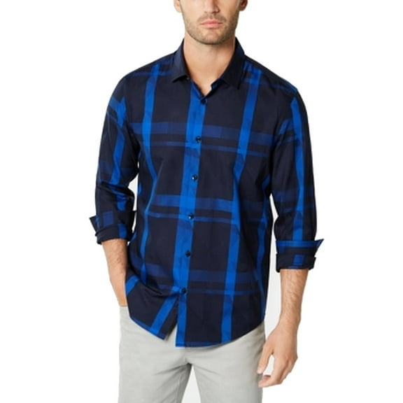 Alfani Mens Shirt Blue Black Trio Plaid Button Up Long-Sleeve $55