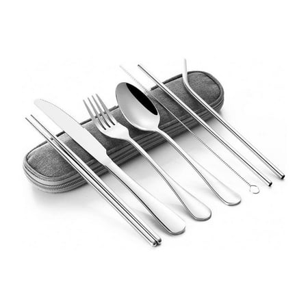 

Stainless Steel Tableware Set Portable Straw Chopsticks Spoon Fork Set with Storage Bag Dinnerware Set